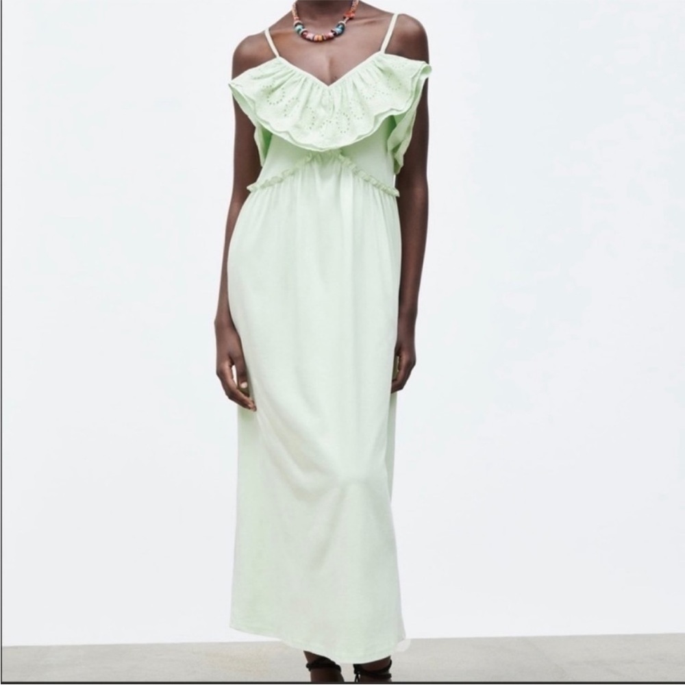 NWOT Zara Mint Green Eyelet Ruffle Midi Sun Dress